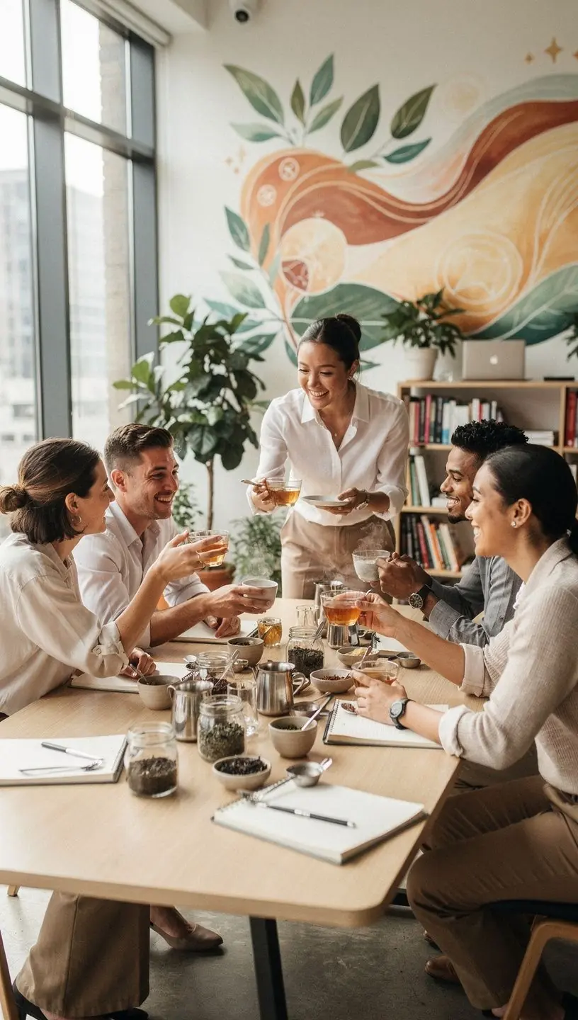 Arbatos ritualo momentas su knyga ir šviesos spinduliais, skatinantis kasdienį gerovės įprotį