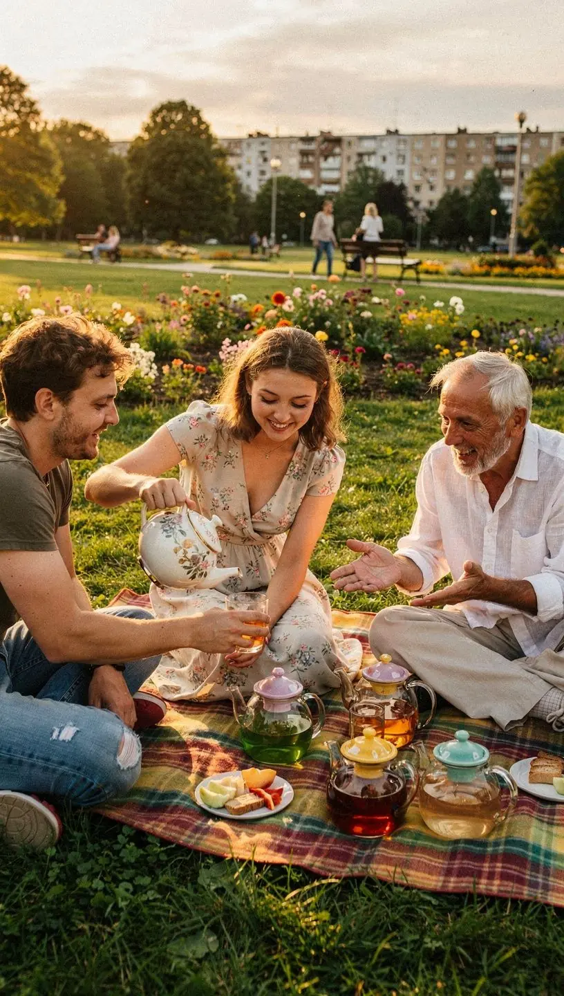 Moteris meditacijoje su arbatos puodeliu rankoje, simbolizuojanti vidinę ramybę ir energijos atgaivinimą