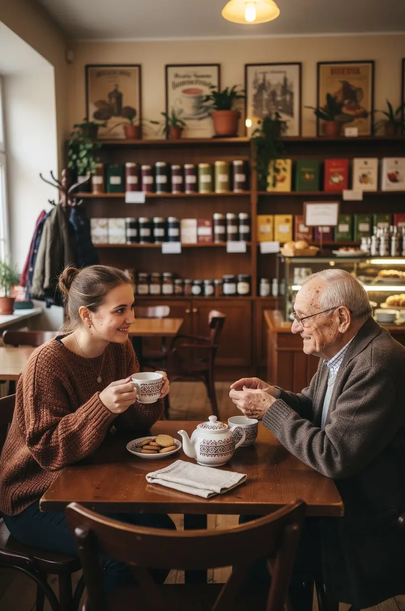 Arbatos puodelis ant medinio stalo švelnios rytinės šviesos fone