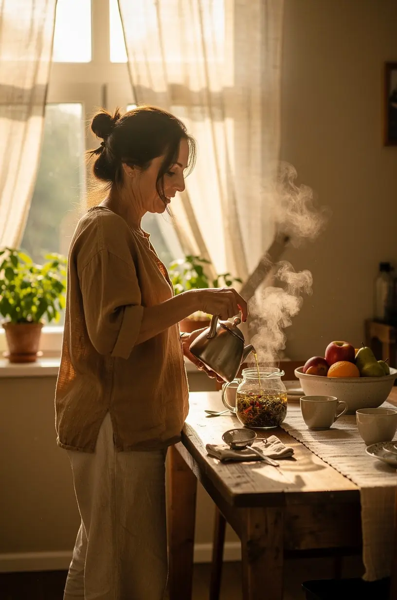 Rankos laikantis šiltą arbatą, kuri suteikia ramybės ir energijos pojūtį